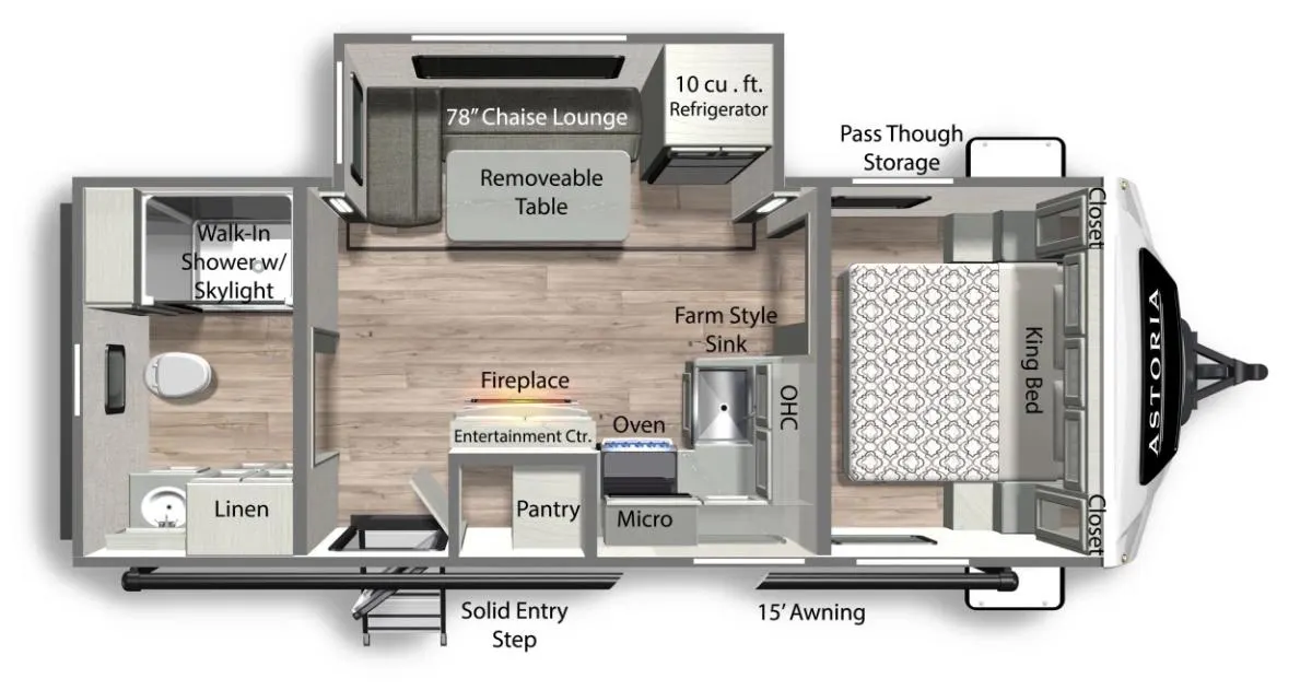 Floor plan of the RV with dinette, living area, kitchen, bathroom and bedroom.