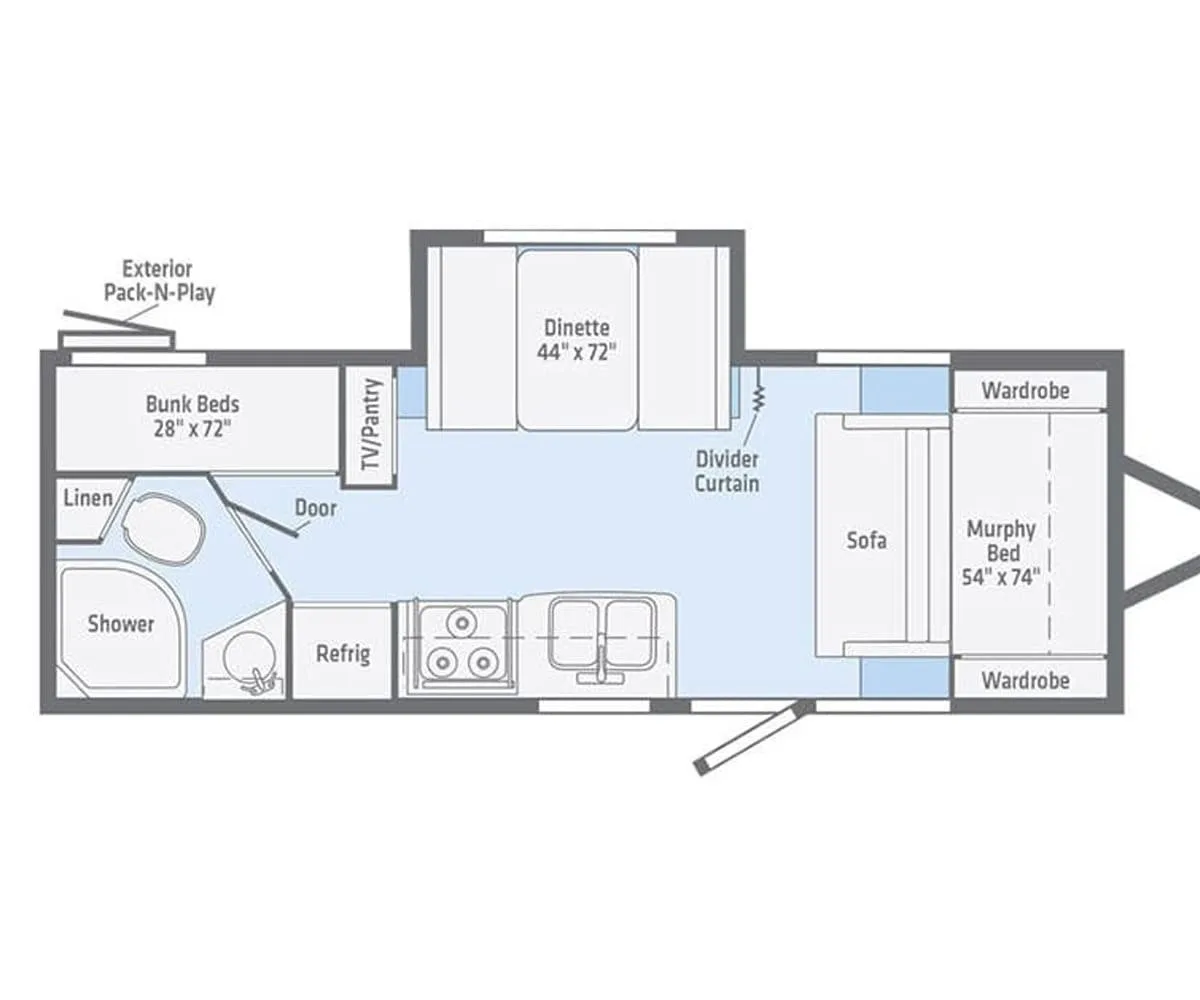 Floor plan of the RV with dinette, living area, kitchen, bathroom and bedroom.