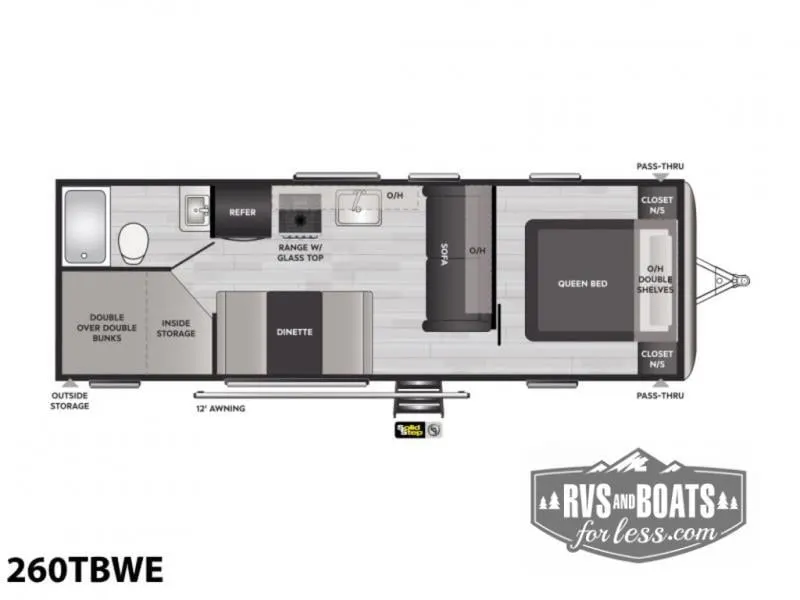 Floor plan of the RV with dinette, living area, kitchen, bathroom and bedroom.