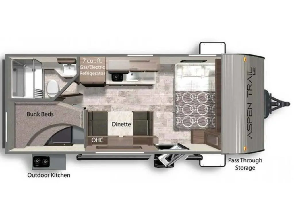 Floor plan of the RV with dinette, living area, kitchen, bathroom and bedroom.