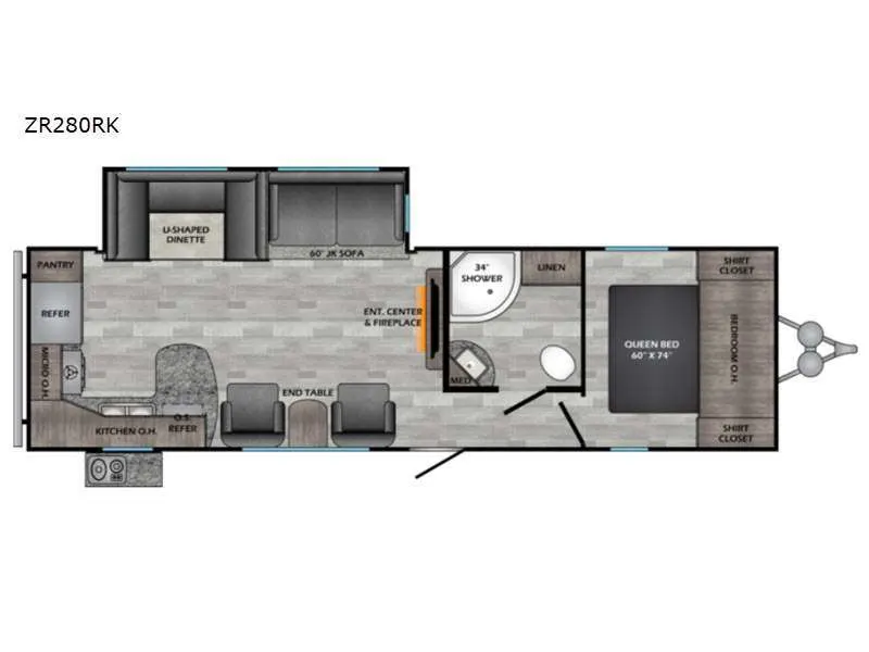 Floor plan of the RV with dinette, living area, kitchen, bathroom and bedroom.