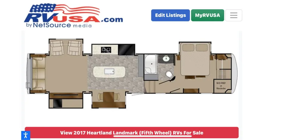 Floor plan of the RV with dinette, living area, kitchen, bathroom and bedroom.