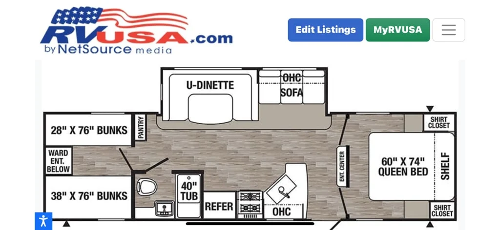 Floor plan of the RV with dinette, living area, kitchen, bathroom and bedroom.