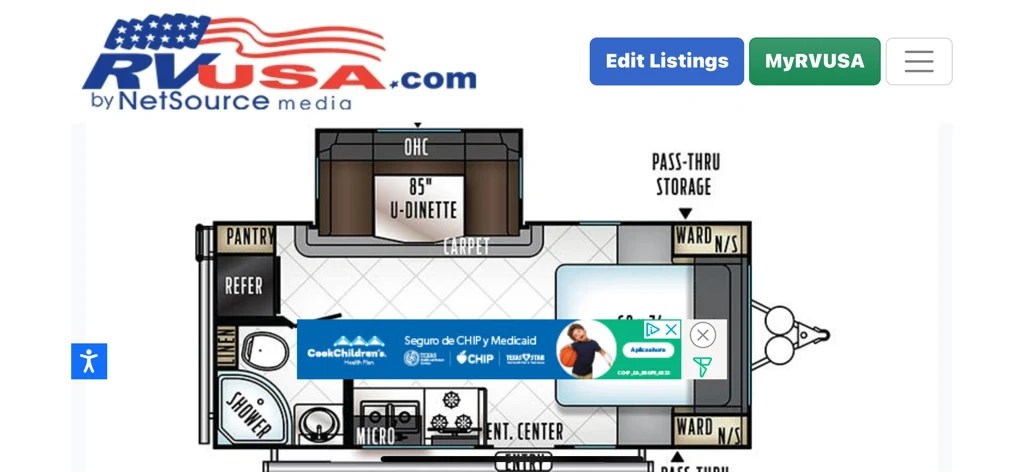 Floor plan of the RV with dinette, living area, kitchen, bathroom and bedroom.