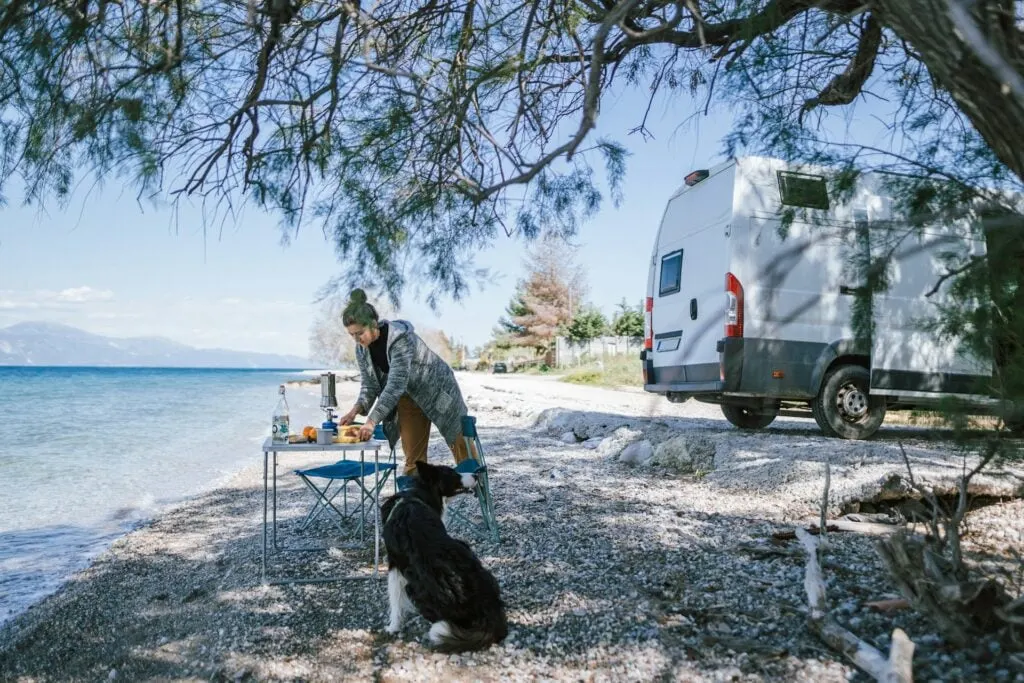 A woman preparing food at a small table near a campervan, with a dog sitting nearby and a beautiful lake in the background.