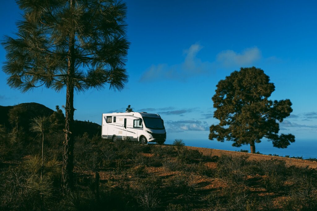 A white RV parked on a hilltop with a clear blue sky in the background. Tall pine trees surround the area, adding to the scenic landscape.