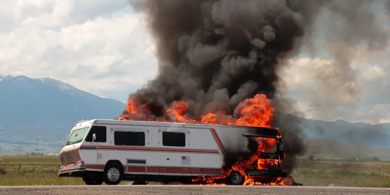 An RV caught fire on a highway with mountains on a background