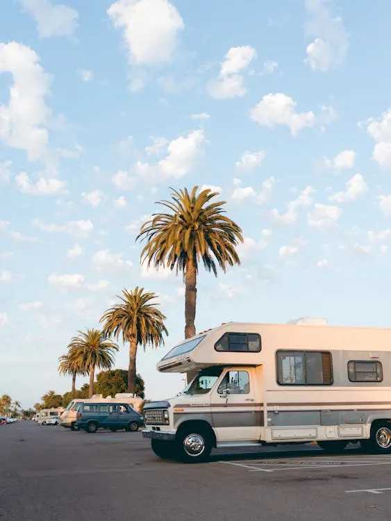 A campervan parked in a lot with palm trees and a clear blue sky in the background.