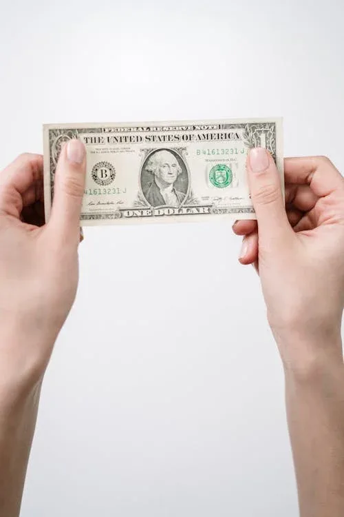 A person holding a U.S. one-dollar bill between both hands.