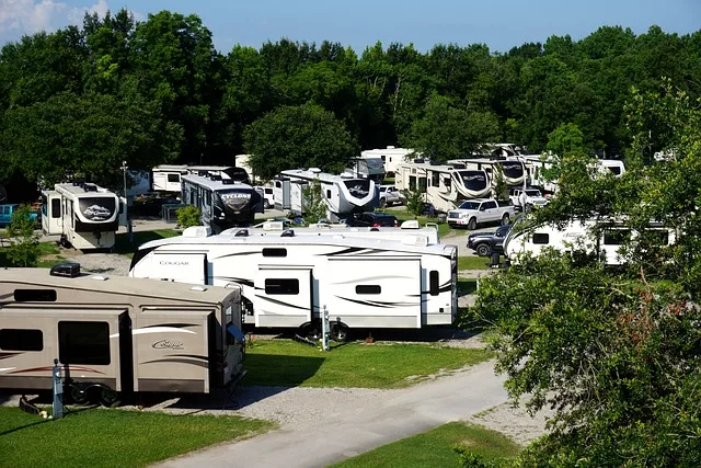 An RV park with numerous parked campervans and motorhomes surrounded by greenery.