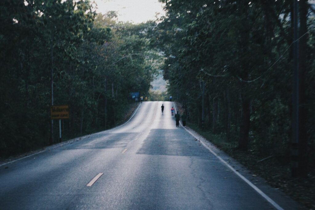 People walk on a narrow road surrounded by dense, green forest.