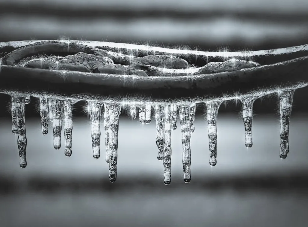 Close-up of icicles hanging from a metal object, sparkling in the light.