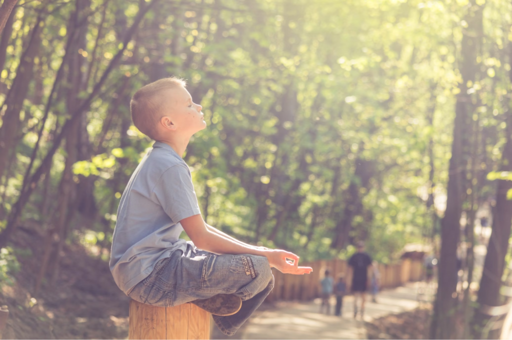 A young boy sitting cross-legged on a wooden stump in a wooded area, meditating with closed eyes in a sunlit forest.