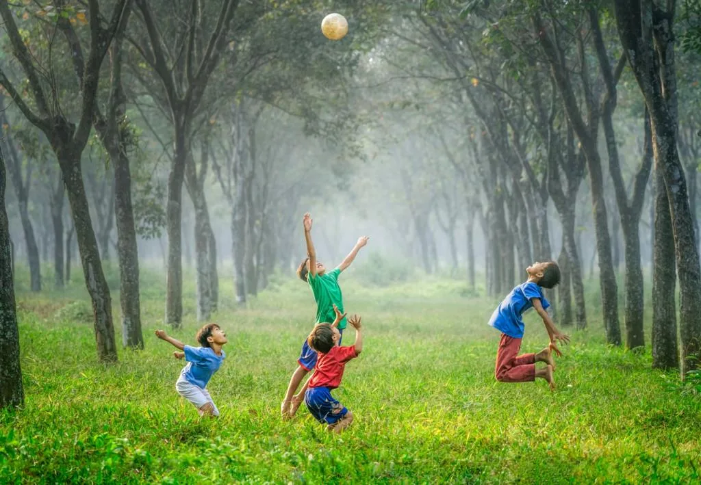 Four children playing with a ball in a lush green forest area, surrounded by tall trees in the background.