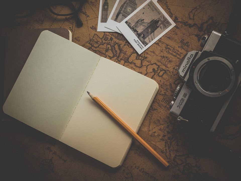  An open notebook with a pencil on a map-patterned surface, surrounded by a vintage camera and travel photos.