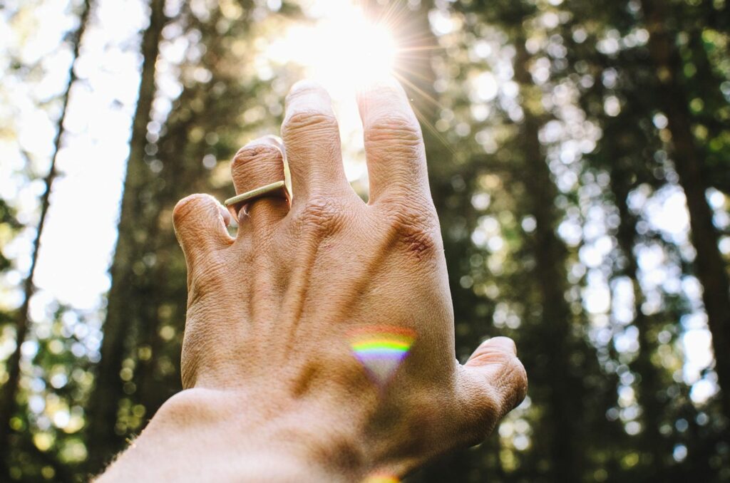 A hand reaching up towards the sun with shafts of light filtering through a forest in the background.