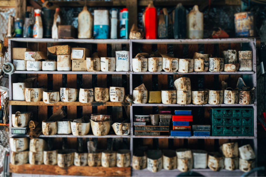 Shelves filled with various labeled containers and items in a workshop or garage.