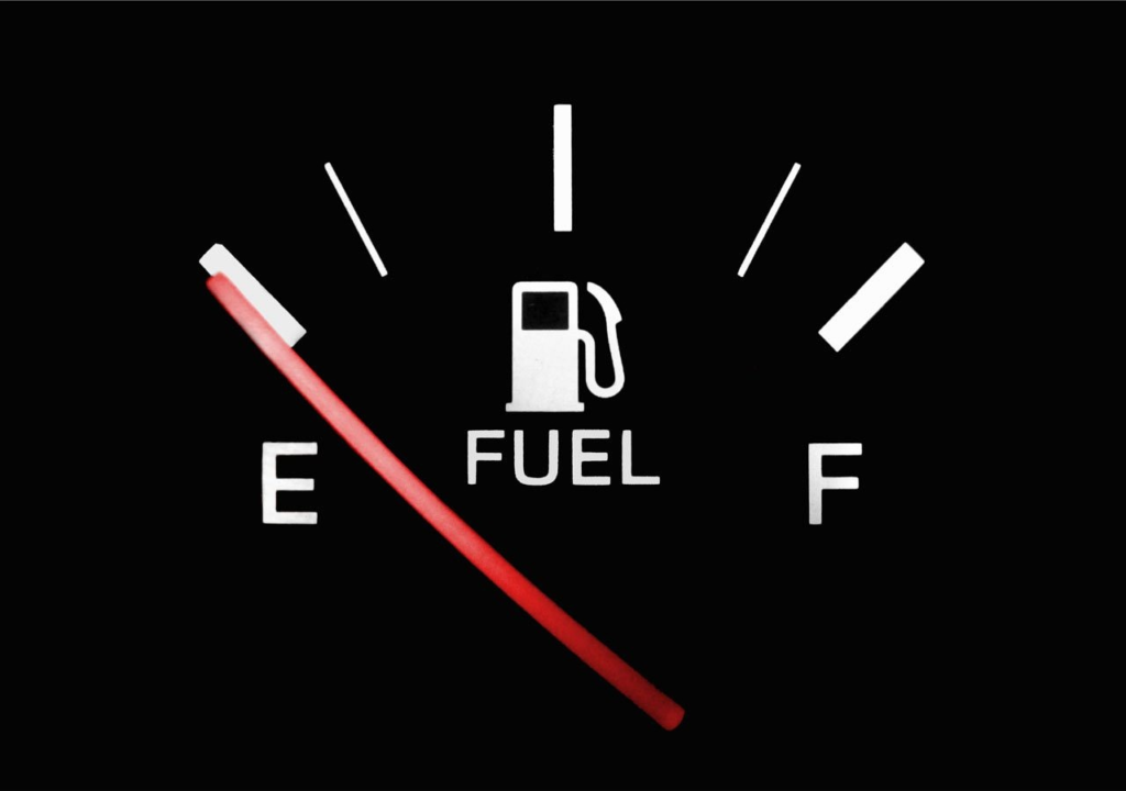 Close-up of a fuel gauge showing an empty tank.