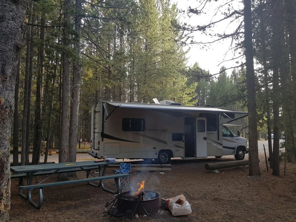 A tranquil forest campsite featuring an RV with its door open and awning extendedA tranquil forest campsite featuring an RV with its door open and awning extended