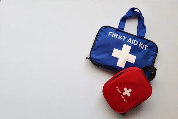 Two first aid kits, one blue and larger, one red and smaller, placed on a white background.