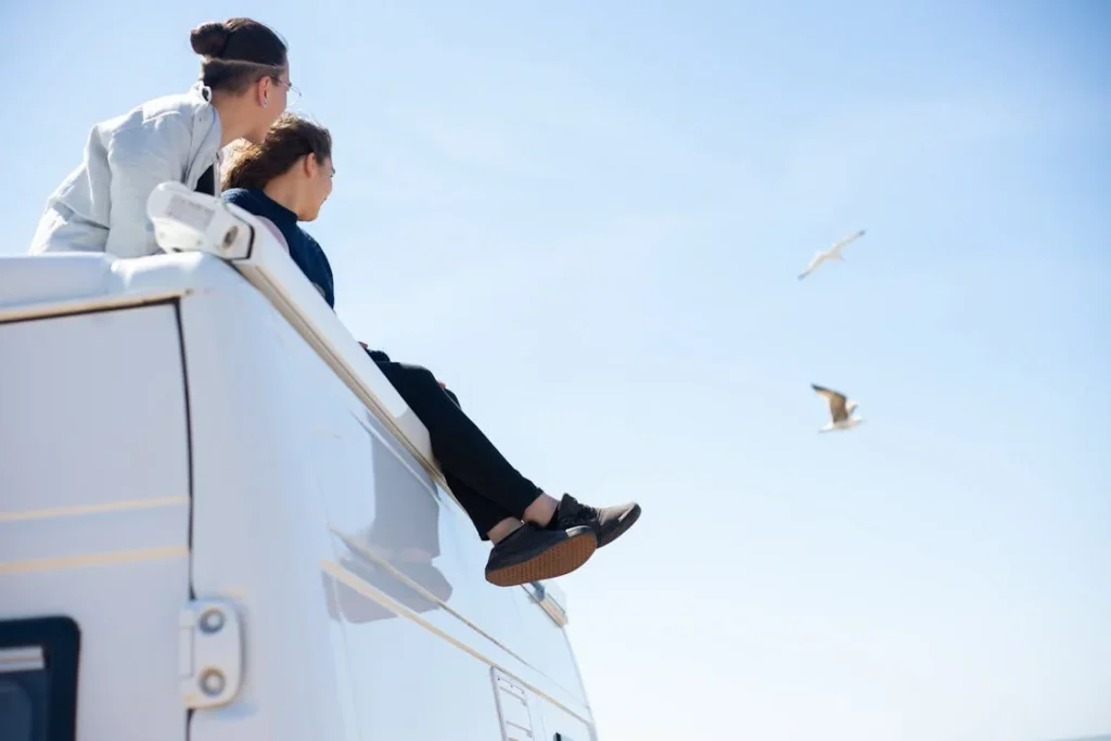 Two people sitting on top of a camper van, looking at the sky as seagulls fly by.