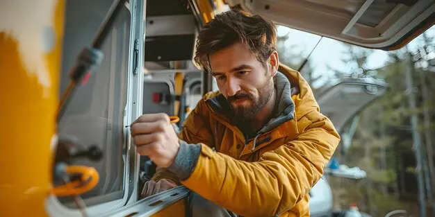 A man in a bright orange jacket inspecting his RV with the forest background