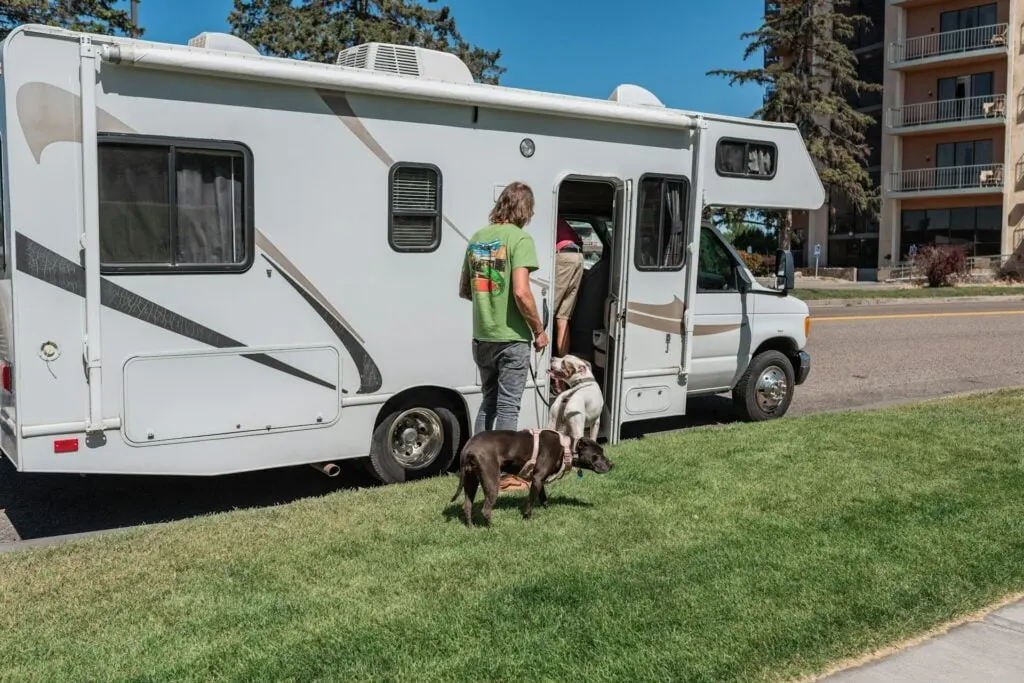 A man and two dogs standing outside of a parked RV.