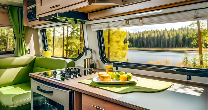 A beautiful and well-lit kitchenette inside a camper van, featuring a modern design with green accents. The kitchen area includes a stove and countertop with a green mat, on which a plate of fresh fruit, including apples and lemons, and a glass of orange juice are placed. The seating area has green cushions and matching curtains. Large windows provide a stunning view of a serene lake surrounded by trees, allowing natural light to pour into the cozy space.