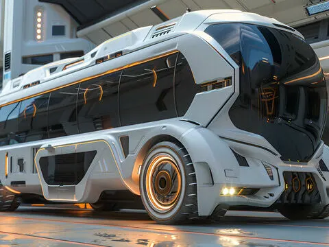 A futuristic, sleek white vehicle with advanced design, featuring large windows and minimalistic aesthetics, is parked inside a modern facility.