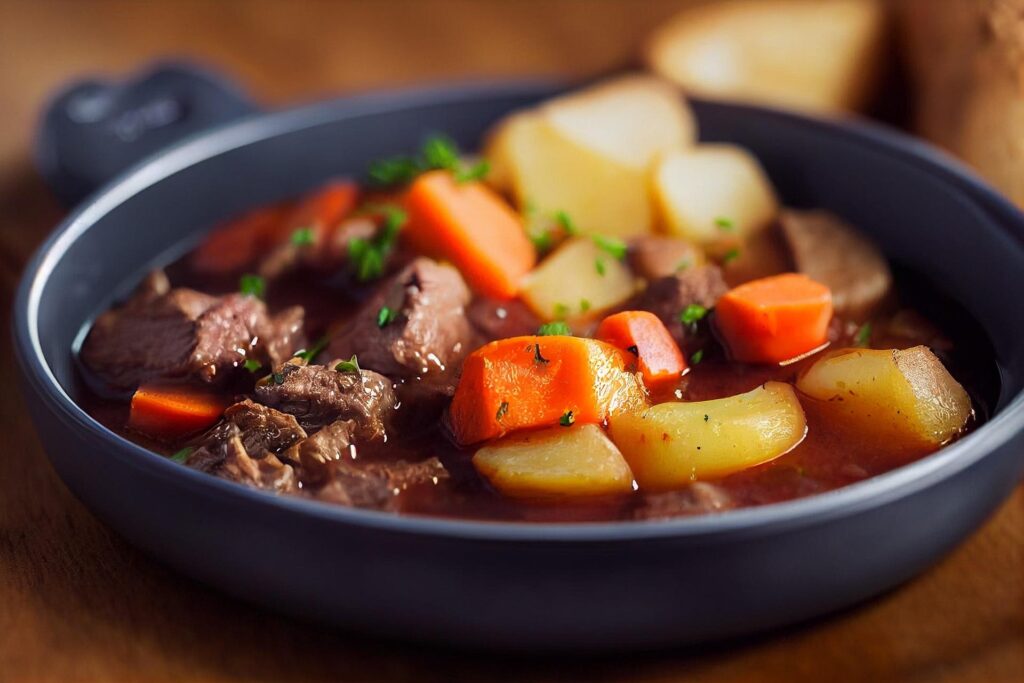 A bowl of stew with beef, potatoes, carrots, garnished with parsley.