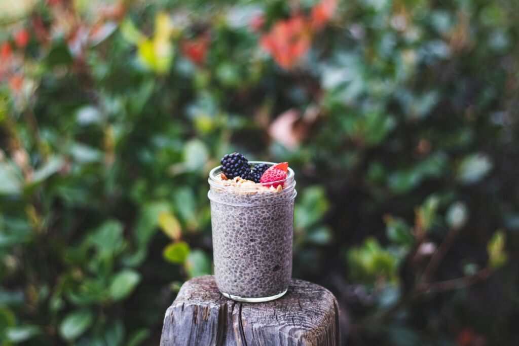 A jar of chia pudding topped with blackberries, strawberries, and granola, set on a tree stump with a blurred green background.