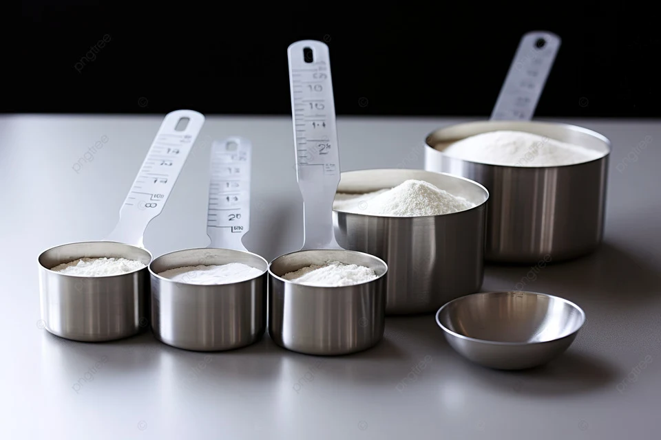 A set of stainless steel measuring cups filled with flour, neatly arranged on a smooth, white surface. Each measuring cup has a labeled handle indicating the measurement size.
