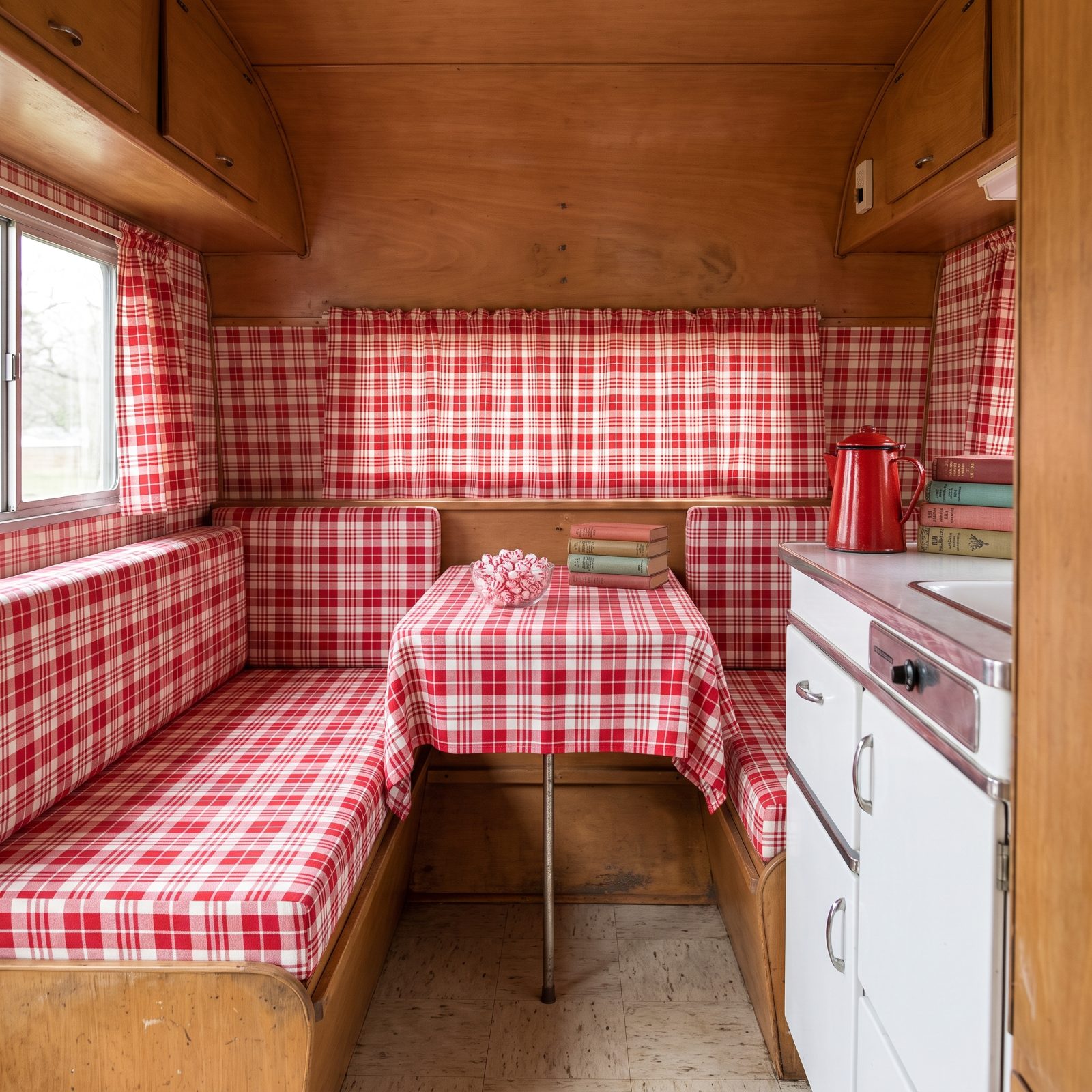 A 1960s Canned Ham Trailer in Red-and-White Peppermint Plaid