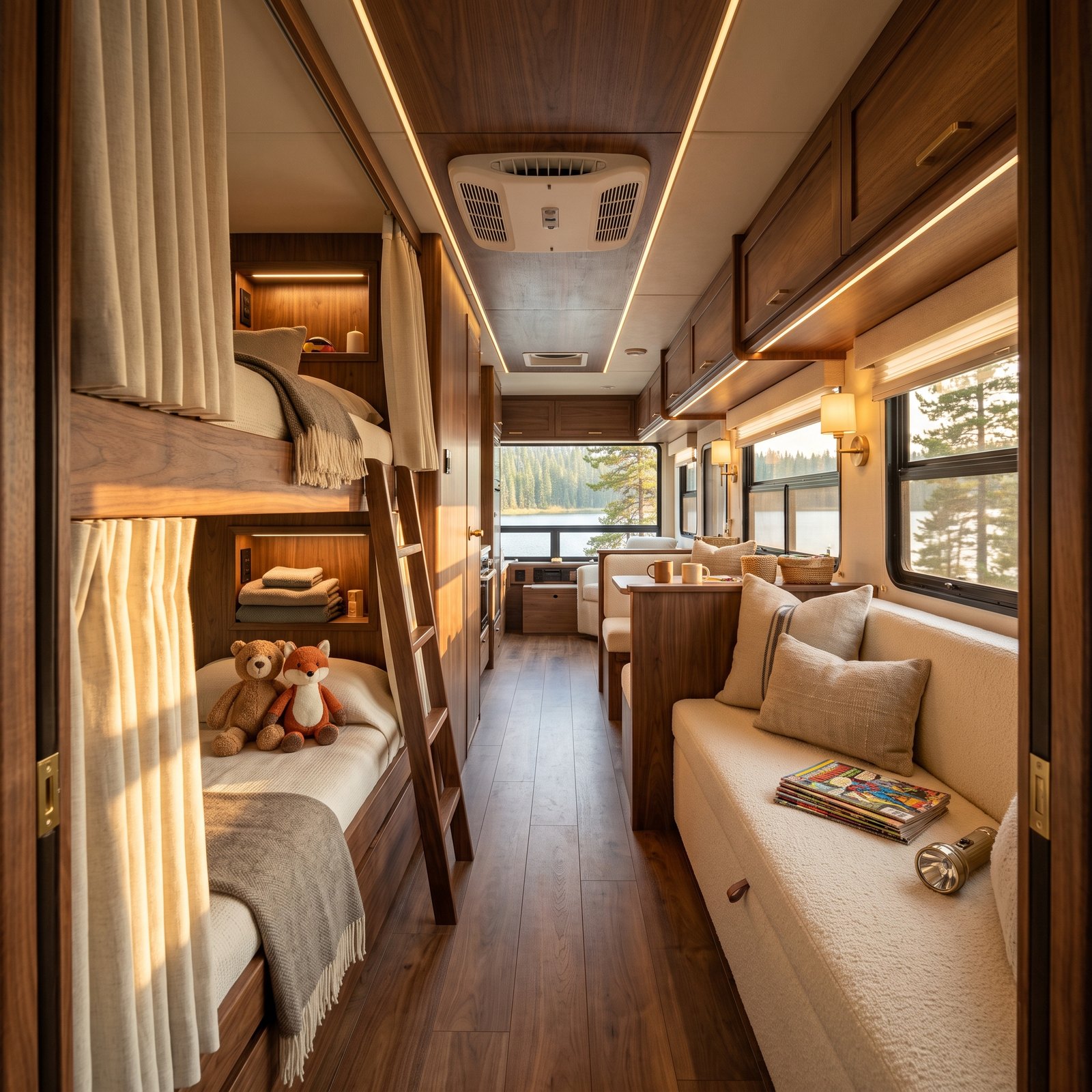 A Bunkhouse Trailer Where Kids Get Walnut Bunks and Cream Curtains