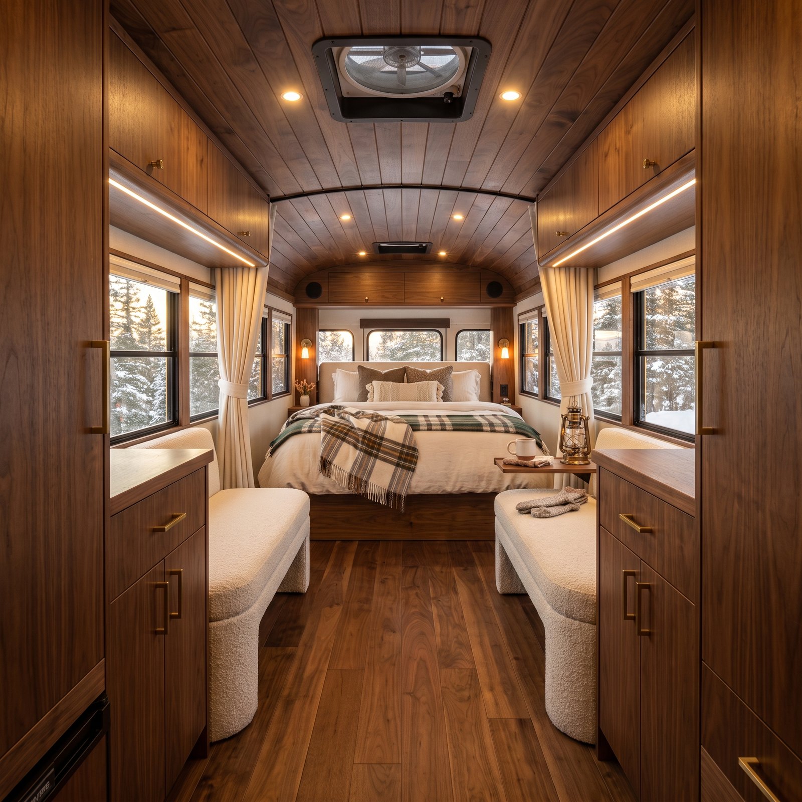 A Bus Conversion Bedroom With a Walnut Ceiling and Cream Linen