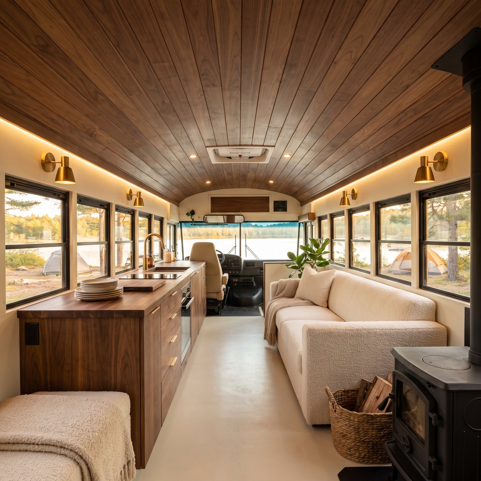 A Bus Conversion With a Cream Galley and a Walnut Ceiling