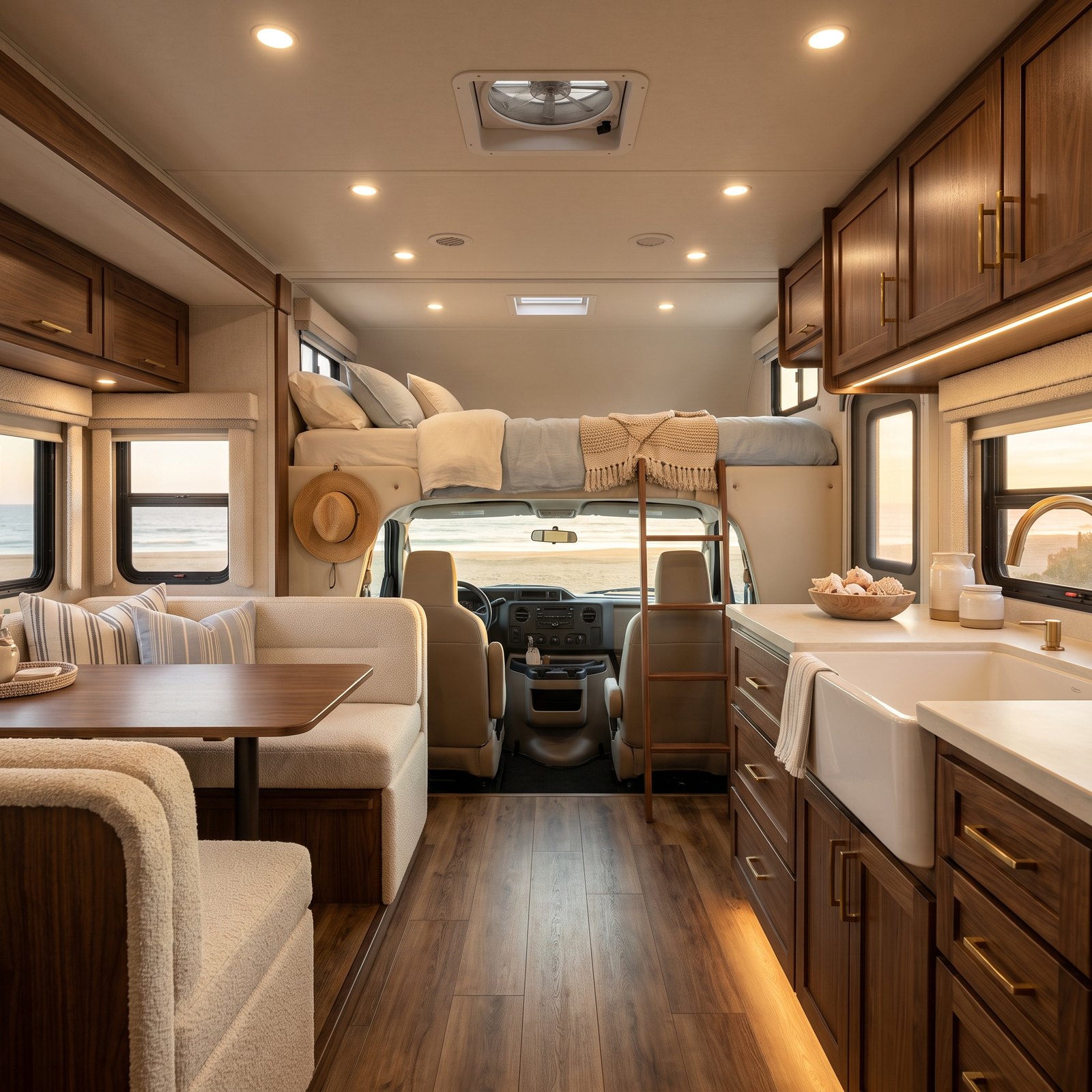 A Class C Motorhome Gone Coastal, With a Cream Cab-Over Bunk