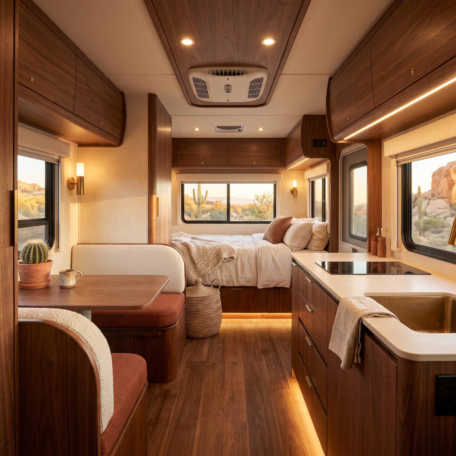 A Desert Modern Class C With Walnut Floors and Cream Plaster-Look Walls