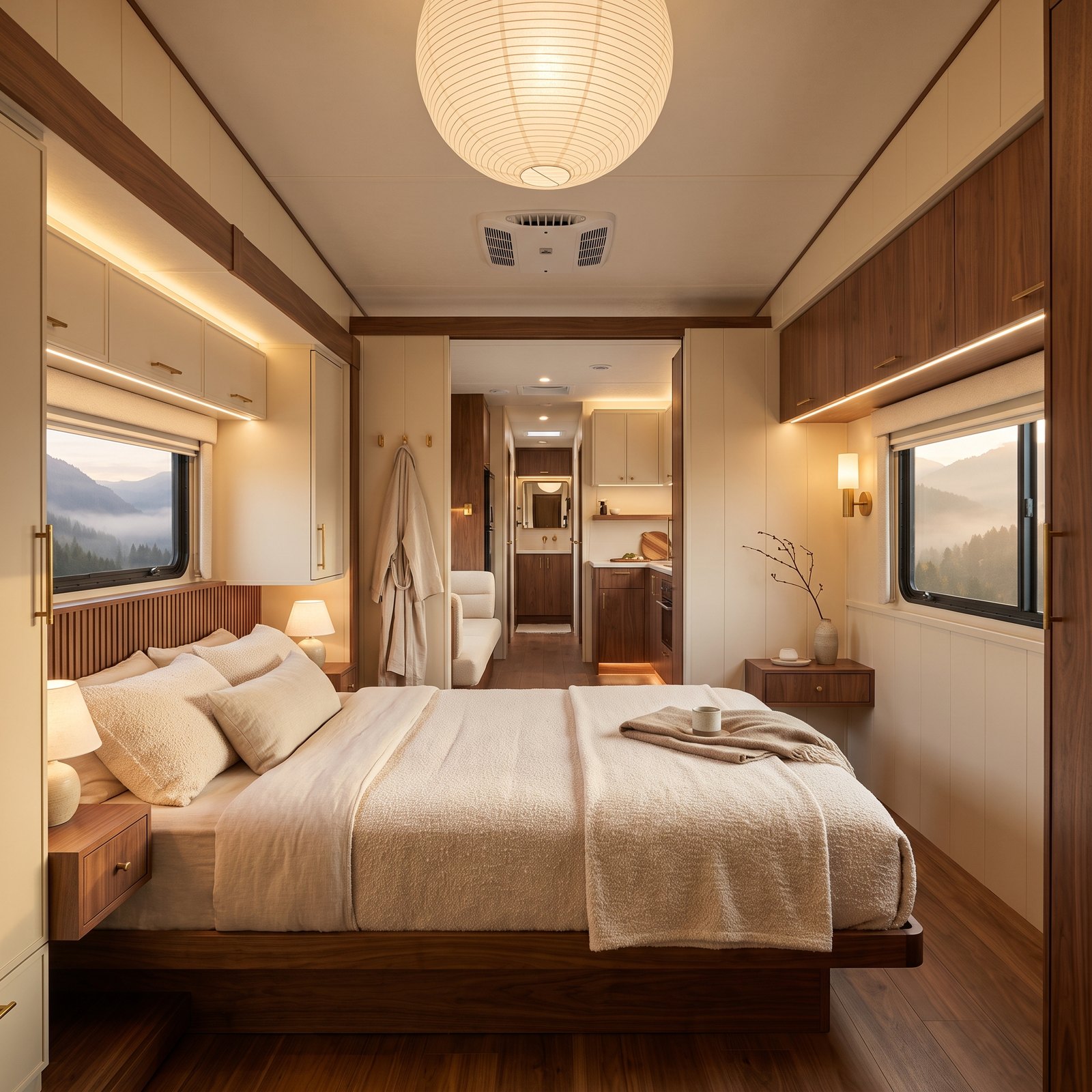 A Japandi Fifth Wheel Bedroom With a Walnut Platform Bed