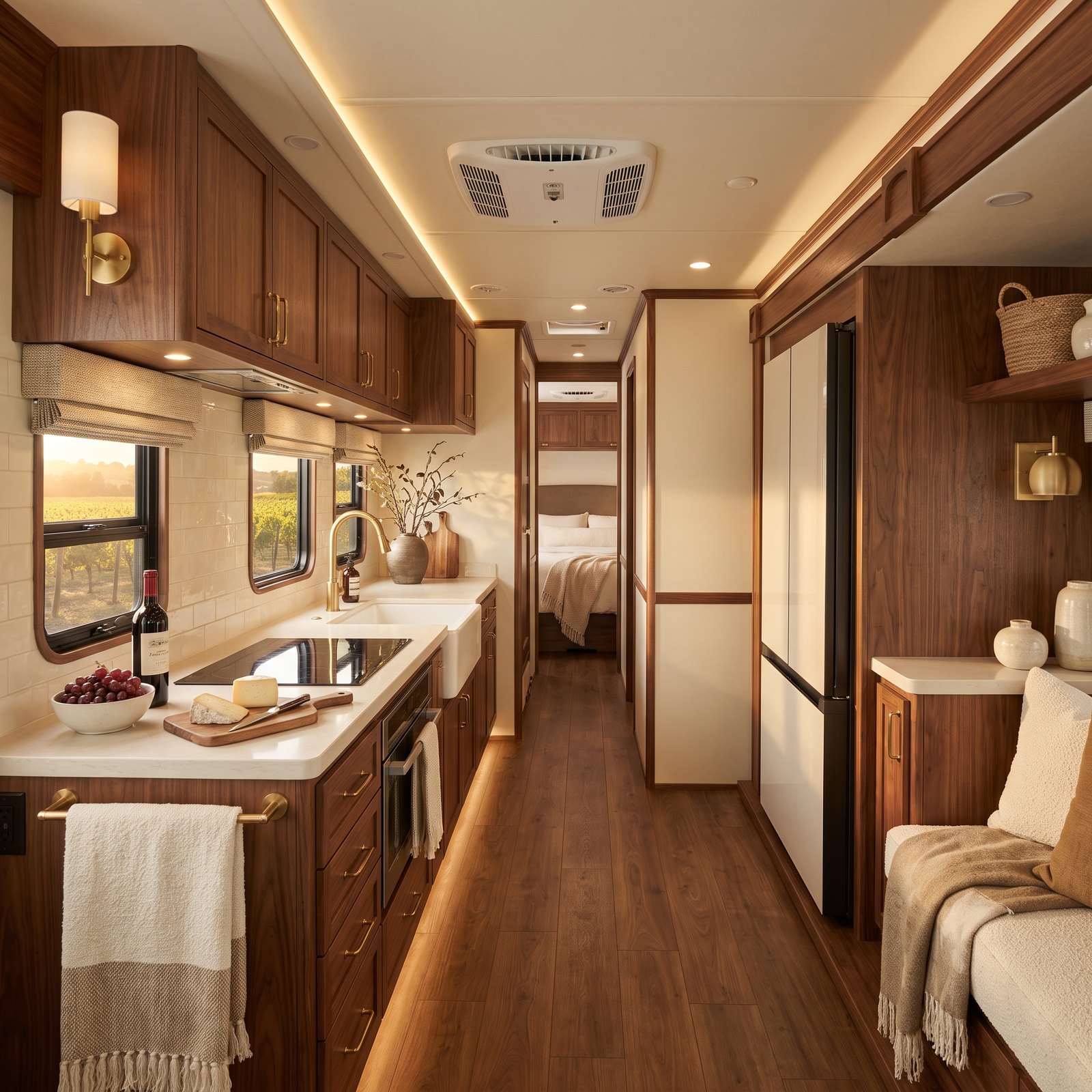 A Motorhome Galley With Cream Quartz and Walnut Cabinets
