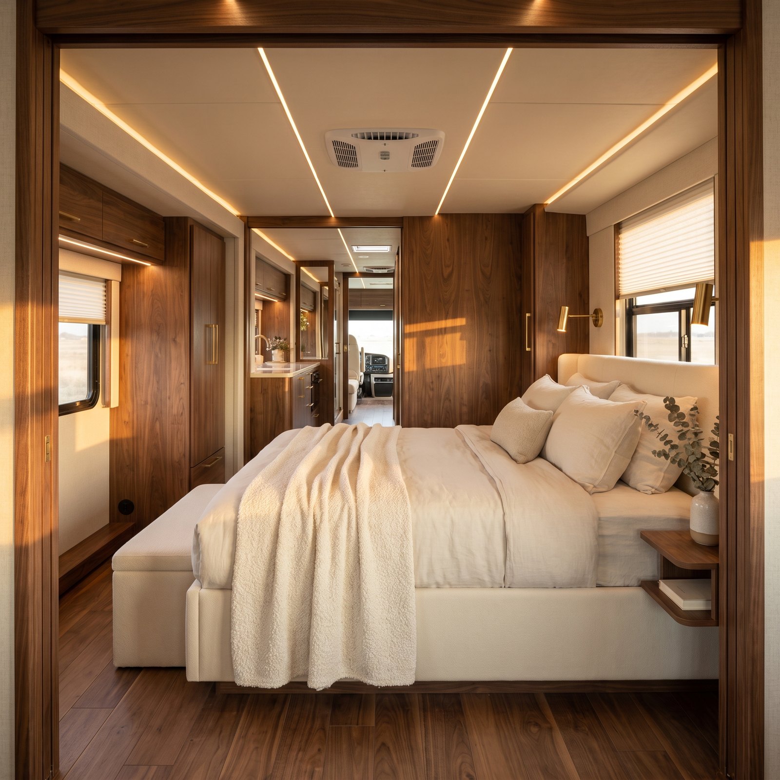 A Motorhome Master Suite With a Walnut Wall and Cream Upholstery