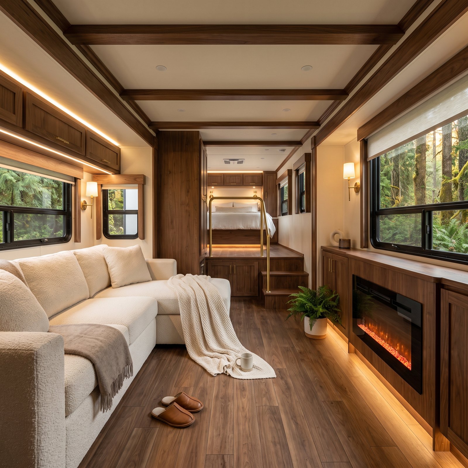 A Pacific Northwest Fifth Wheel With Walnut, Cream and a Fireplace