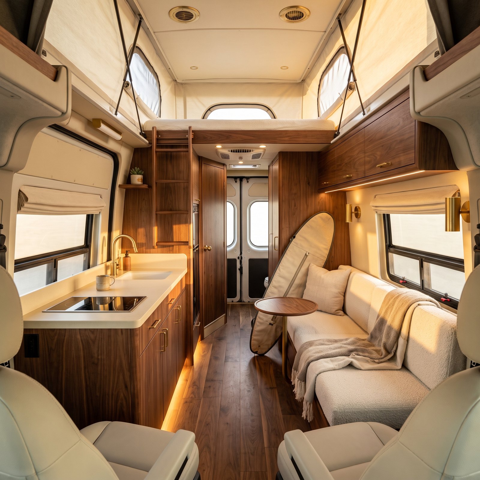 A Pop-Top Camper Van With a Walnut Galley and a Cream Rooftop Bed
