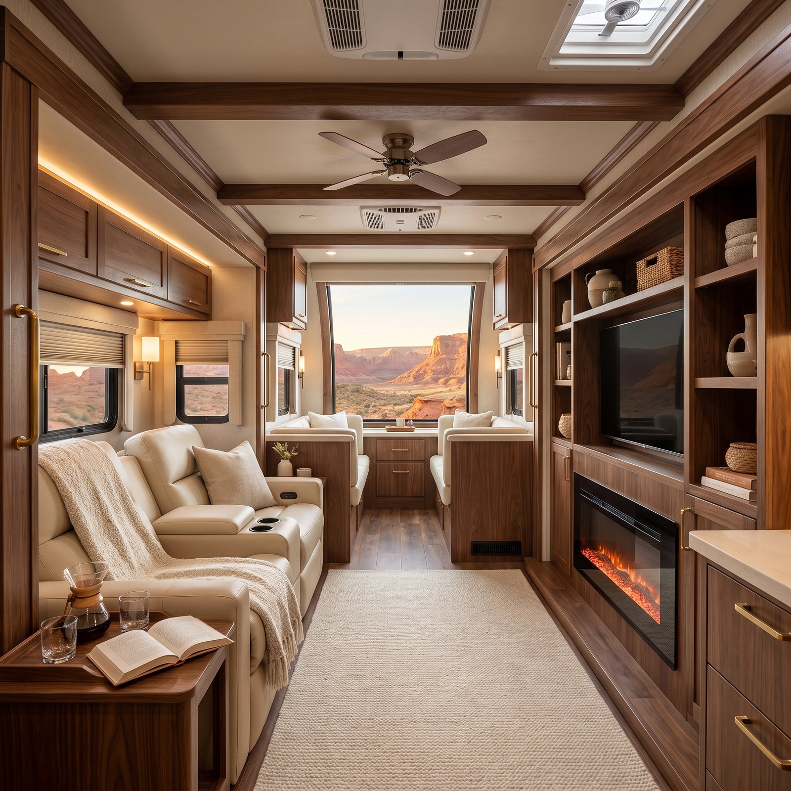 A Rear-Living Fifth Wheel With a Panoramic Window and a Walnut Ceiling