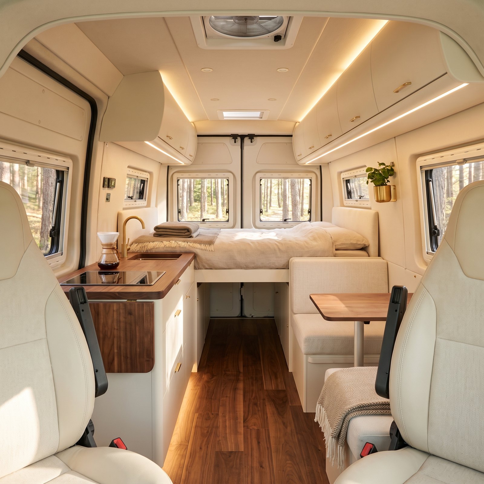 A Scandinavian Camper Van Built From Cream Panels and Walnut Trim