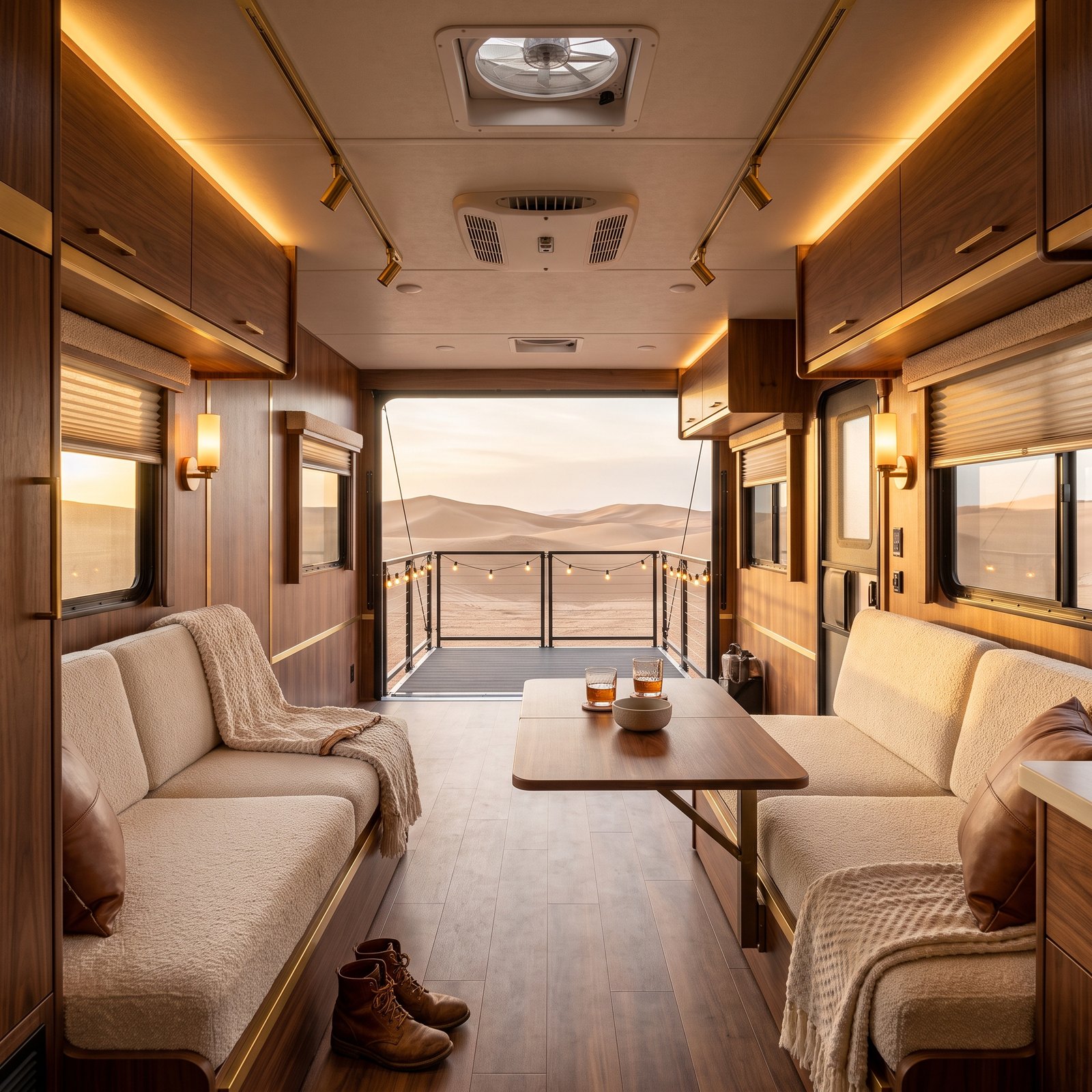 A Toy Hauler Garage That Turns Into a Walnut Lounge at Sunset