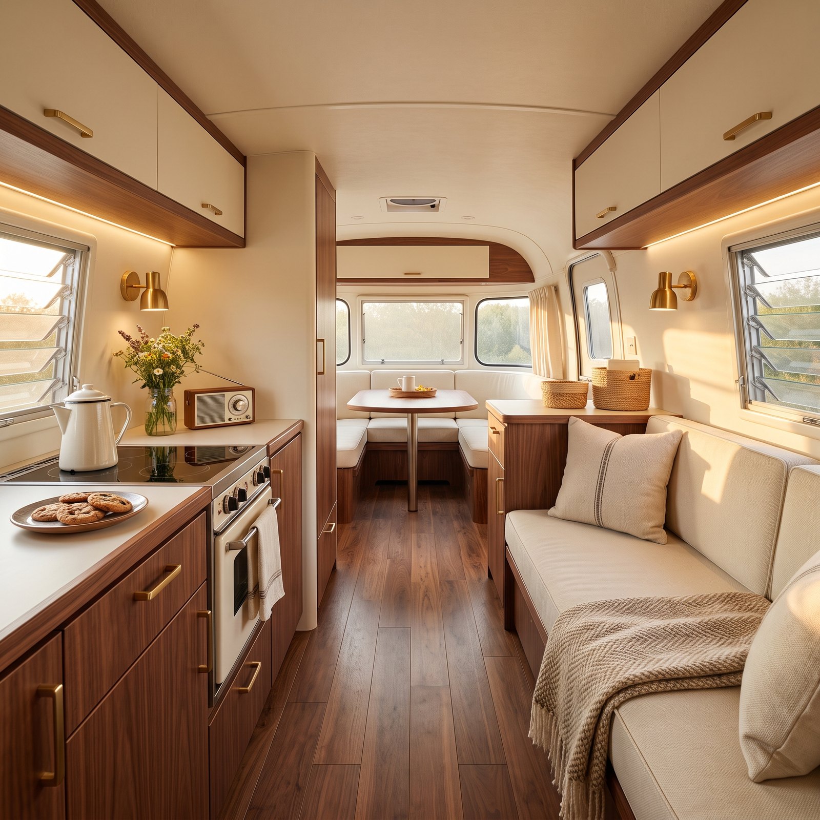 A Vintage Camper Restored in Cream With Walnut Cabinetry