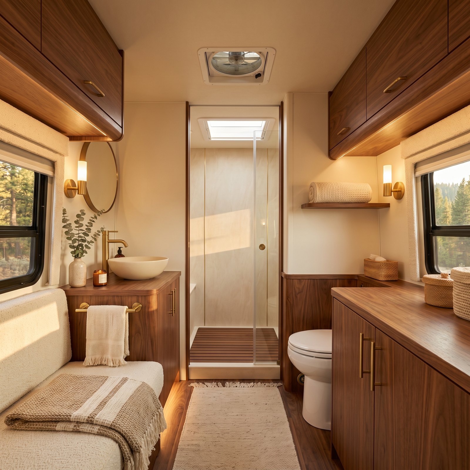 A Walnut-and-Cream RV Bathroom That Feels Like a Spa