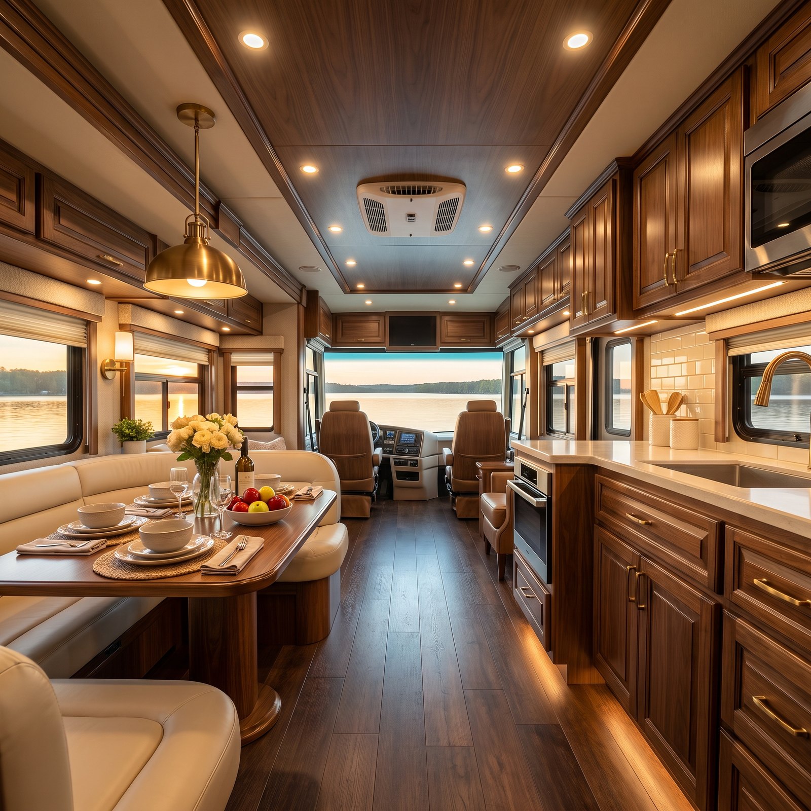 A Walnut Booth Dinette That Seats Six in a Luxury Motorhome