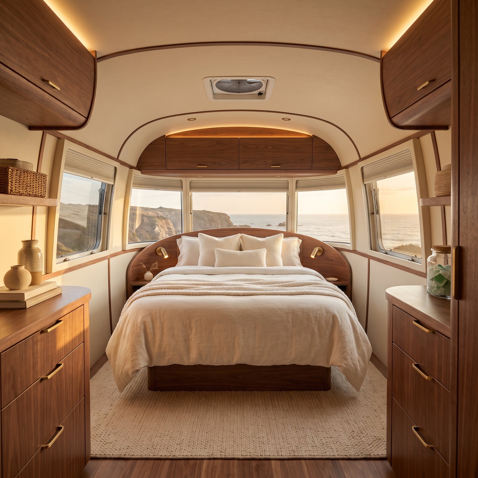 An Airstream Bedroom Wrapped in Cream Linen and Walnut